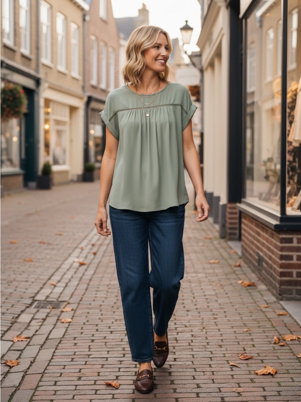 LOFT Petite Sage Green Top with Crochet Trim Detail Size Small Petite